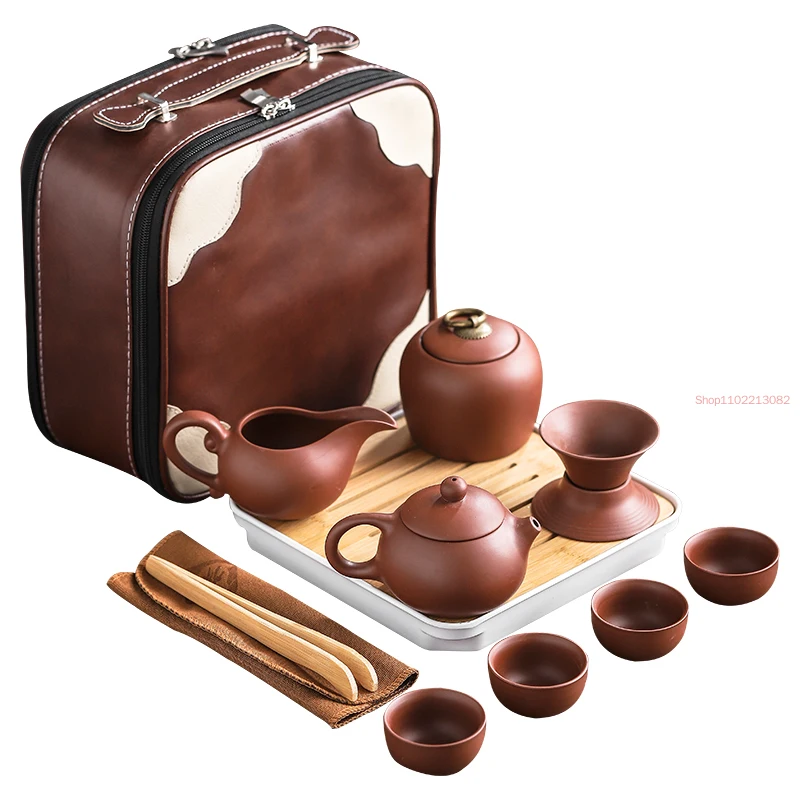 

Outdoor Travel Tea Set Purple Clay Portable Teapot Gaiwan Cups of Ceremony Teacup Fine Gift Organizer Cup