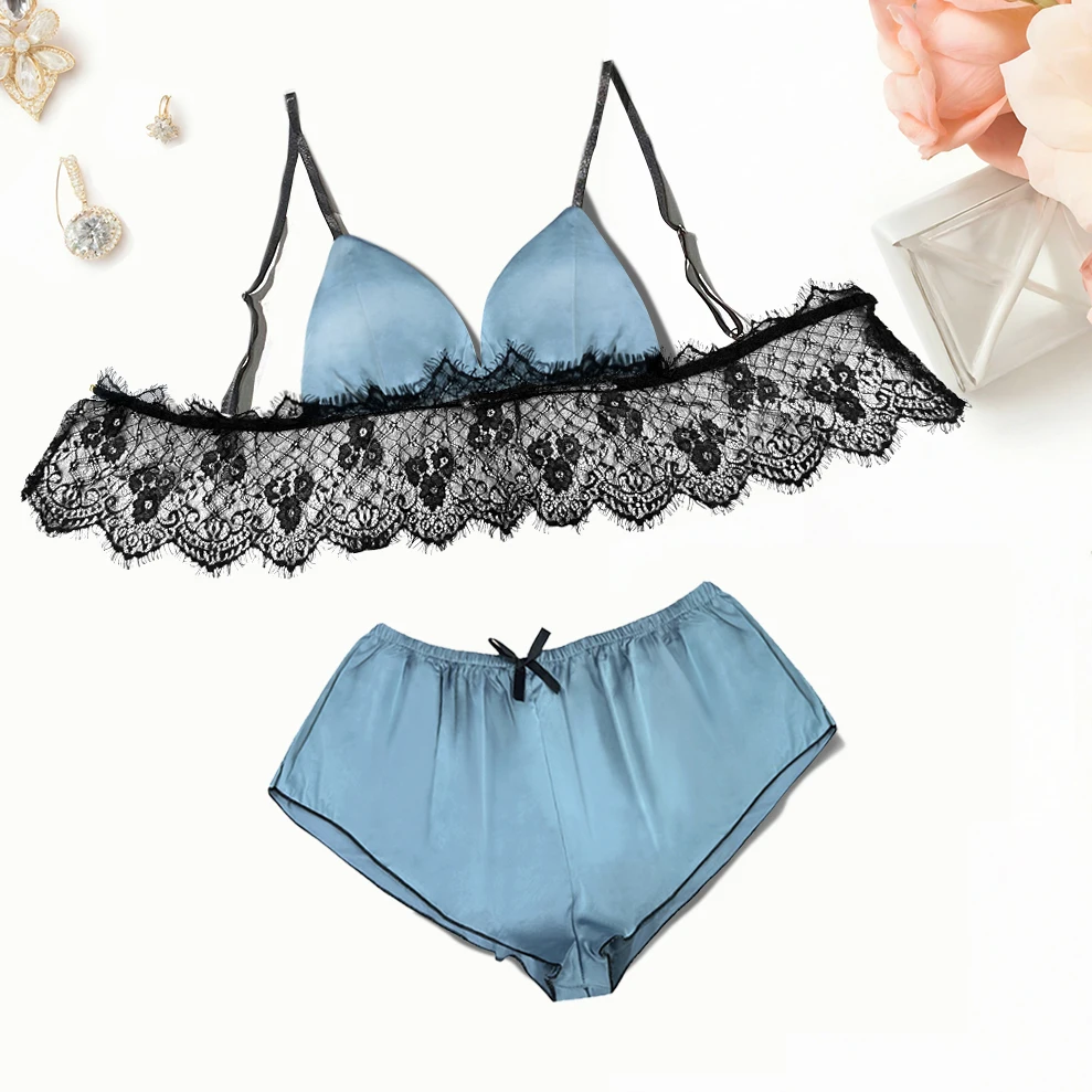 2025 Summer 2 Piece Women's New Sexy Lace See Through Pajamas Solid Color Comfortable Breathable Suspender Shorts Set