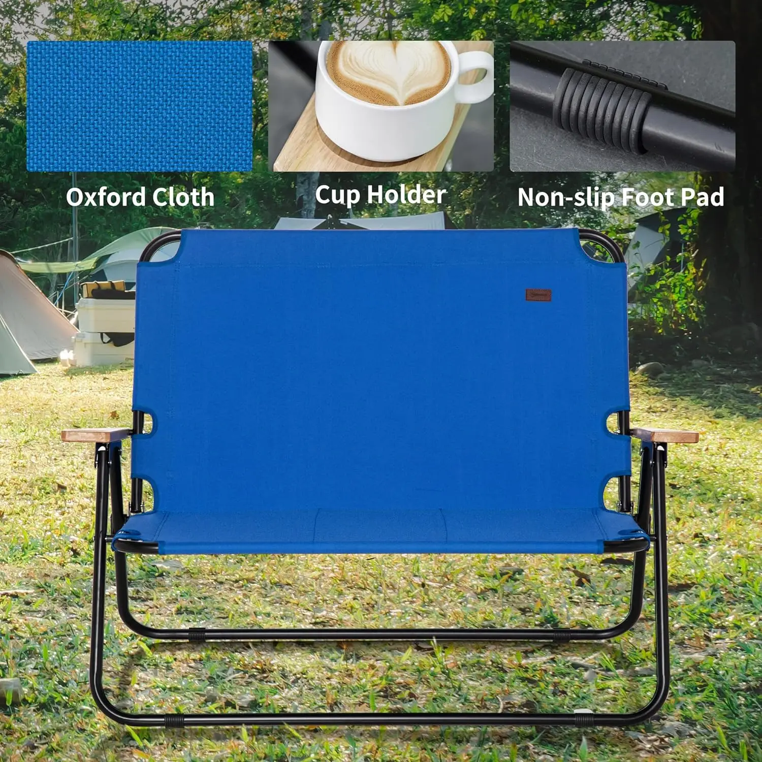 Double Folding Camping Chair, Loveseat para 2 Adultos, Portátil Camping Sofá com Braço de Madeira e Cupholders