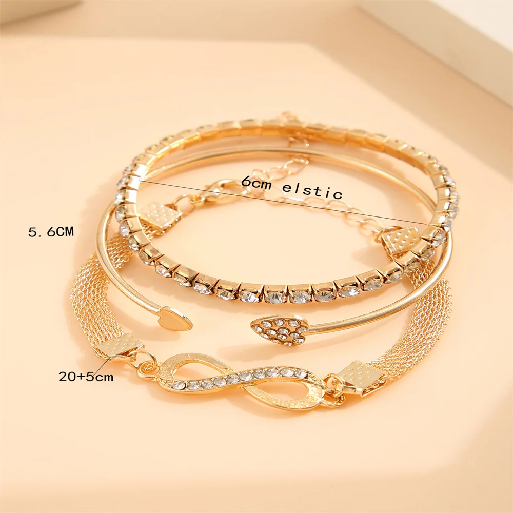 Vintage Infinity Heart Crystal Rhinestone Bracelet Set for Women Female Gold Color Metal Adjustable Bracelets Fashion Jewelry