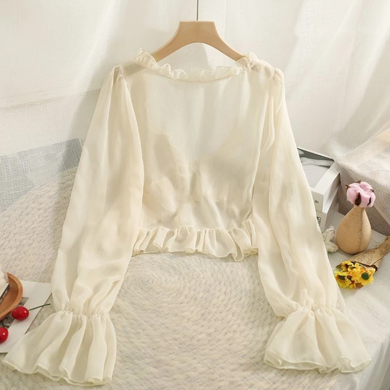 سترات نسائية مكشكشة واقية من الشمس بأكمام مضيئة جمالية ملابس صيفية قابلة للتنفس ملابس غير رسمية متينة شفافة ملابس خارجية #5