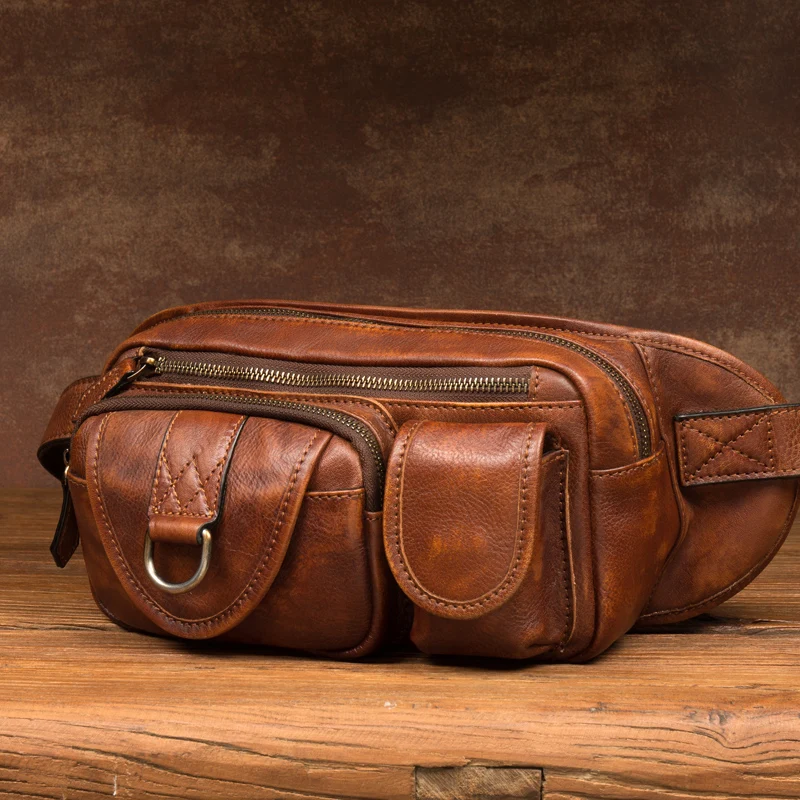 Vegetable tanned leather chest, head, cowhide, hand pocket, leisure leather, shoulder slung men's bag, sports pocket