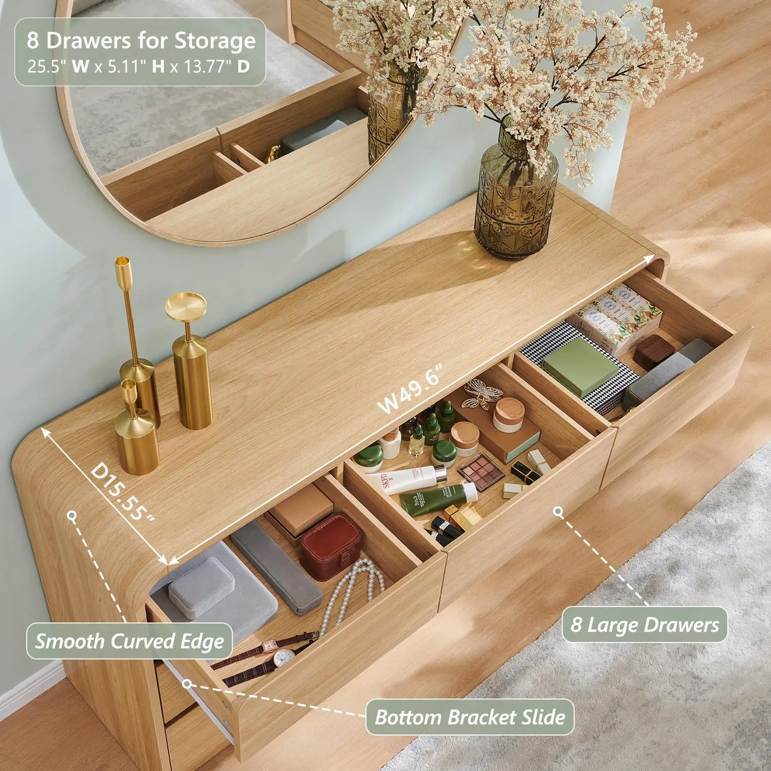 خزانة ملابس حديثة ذات 8 أدراج لغرفة النوم، وخزانة ذات أدراج واسعة مقاس 55 بوصة مع تصميم منحني