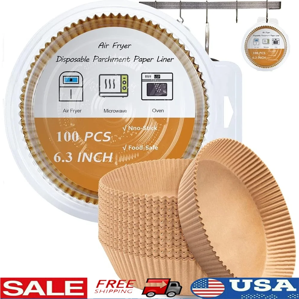 

Disposable Air Fryer Liners 100 PCS Non-Stick Baking Parchment Sheets 6.3 inch Round Design Oil-Proof Waterproof Cooking Paper
