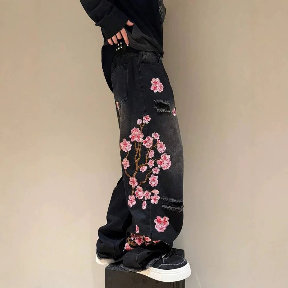 Mens Four Seasons Black Vintage Ripped Jeans Street Style Loose Wide Leg Pants Cherry Blossom Embroidery Casual Streetwear