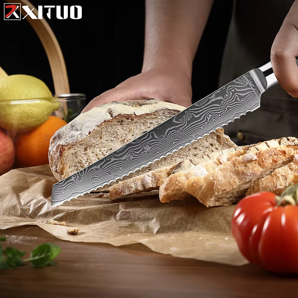 XITUO 67-layer Damascus steel 8-inch serrated bread knife sharp professional cake and toast baking knife with black wood handle