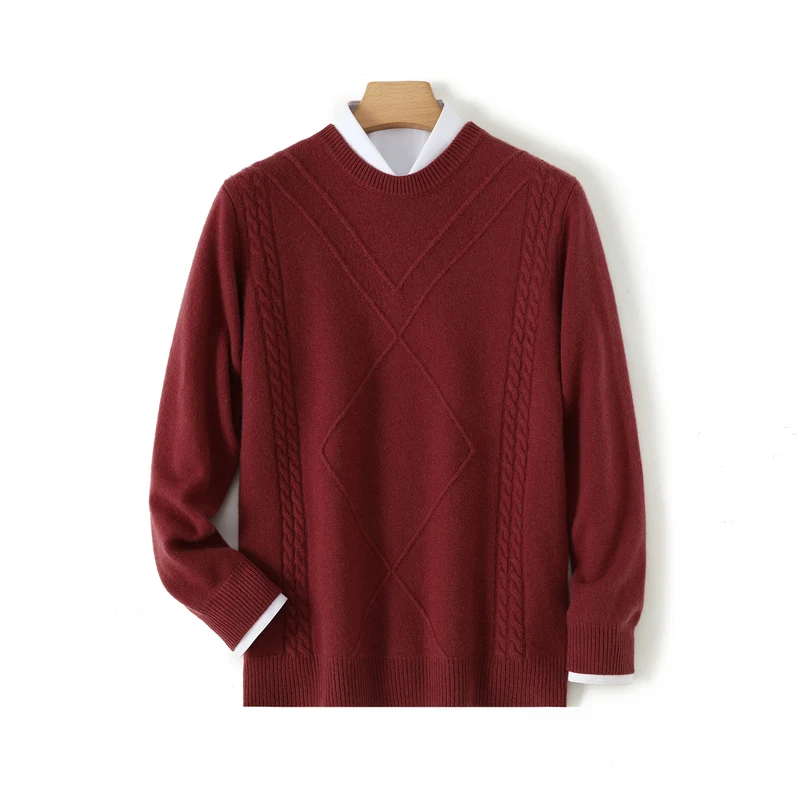 100% cashmere sweater round neck diamond shaped thick winter sweater soft and warm knit pullover loose and versatile for men