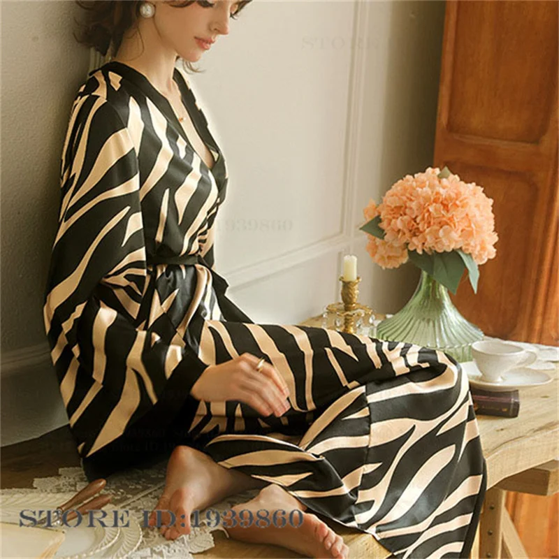 Fashion Print Zebra Pattern Long Robe Home Dress Silky Satin Kimono Bathrobe Gown Women's Sleepwear Spring Summer New Nightwear image 5