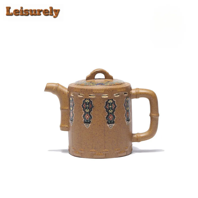 

280ml Yixing Purple Clay Teapots Handmade Colour Enamels Bamboo Joint Pot Raw Ore Hyperthermy Gold Section Mud Kettle Zisha Tea