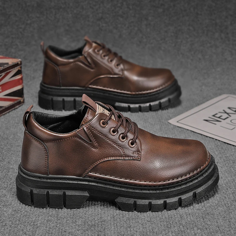 

Autumn New Men's Thick-soled Low-top Work Boots, Anti-slip and Durable, Versatile and Stylish, Heightening Casual Leather Shoes