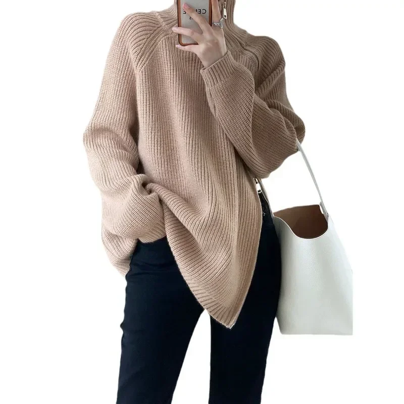 Autumn Winter Women's Zipper Oversize Korean Women Sweaters Knitwears Loose Thick Warm High Neck Solid Pullovers Women Y2k