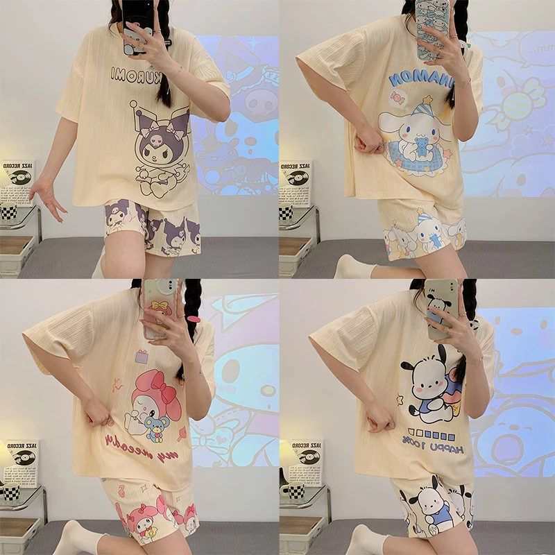 Cartoon My Melody Pajama Set Sanrios Anime Kawaii Kuromi Pochacco Summer Short Sleeve Shorts Cute Homewear Set Student Sleepwear