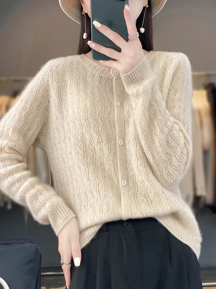 Spring Wool Cardigan Sweater Women Clothing Korean Fashion O-neck Long Sleeve Top Hollow Out Knitted Mujer Outerwear Pull Femme