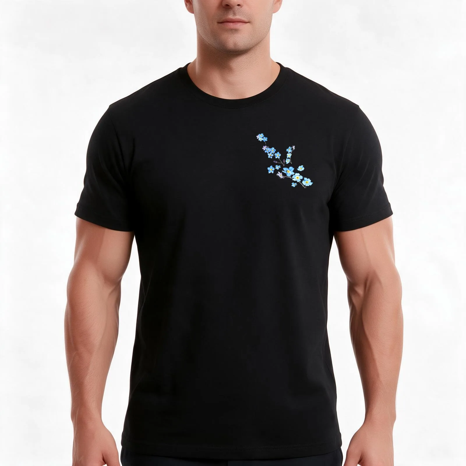 blue forget me notwatercolor painting T-Shirt, Summer Casual Cotton Tee, Oversized Streetwear Tops, Vintage Graphic Print