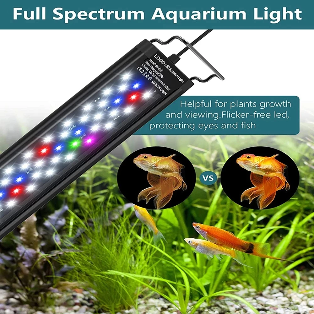 60/75cm Auto On Off LED Aquarium Light for Water Plants Full Spectrum Fish Tank Light with Timer White Blue Red Green Pink LEDs