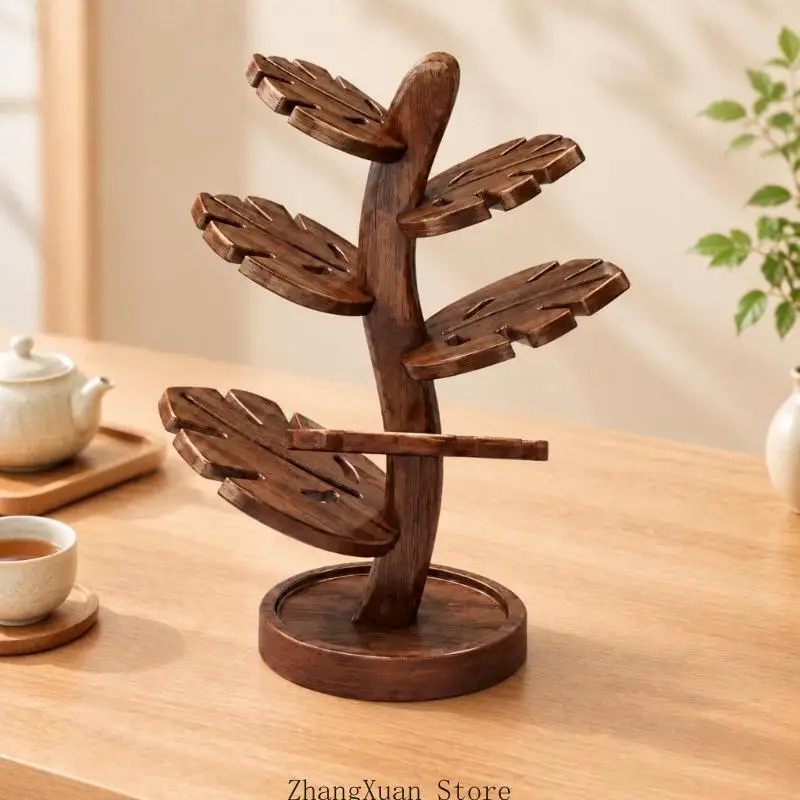 Heat-Insulating Wooden Tea Cup Coasters with Upright Tree Holder and Nonslip Base for Tasting Cups and Small Gaiwans 3XUF