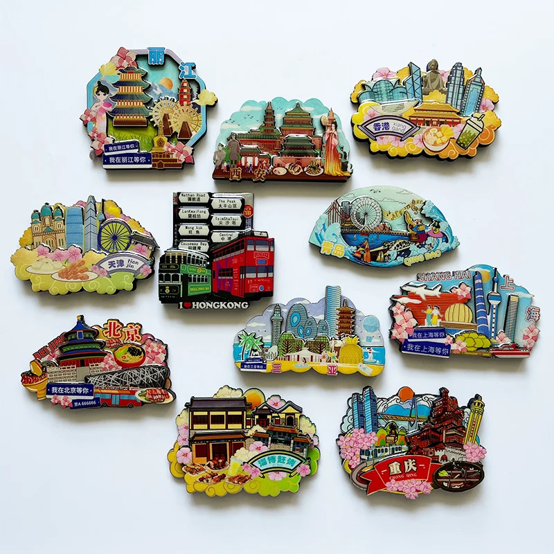 Tourism memorial Beijing Hangzhou Suzhou Guangzhou Shenzhen Lijiang magnet refrigerator sticker Sichuan wooden magnet sticker