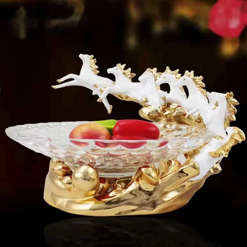 Deluxe Desk Festive Horse Fruit Plate Sculpture House Interior Accessories Home Decoration