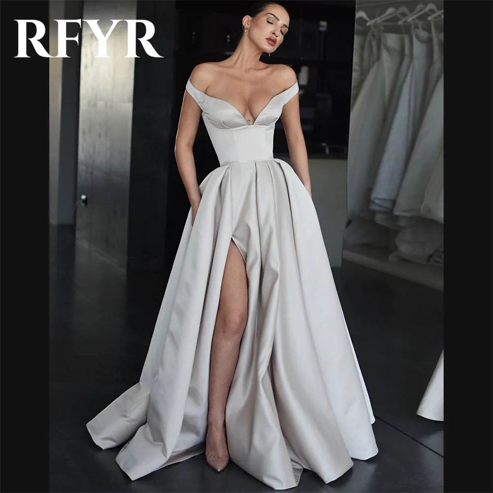 RFYR Elegant Gray Evening Dress Off Shoulder A-line вечернее платье Simple Satin Side Split Prom Dress Sweep Train Party Dress