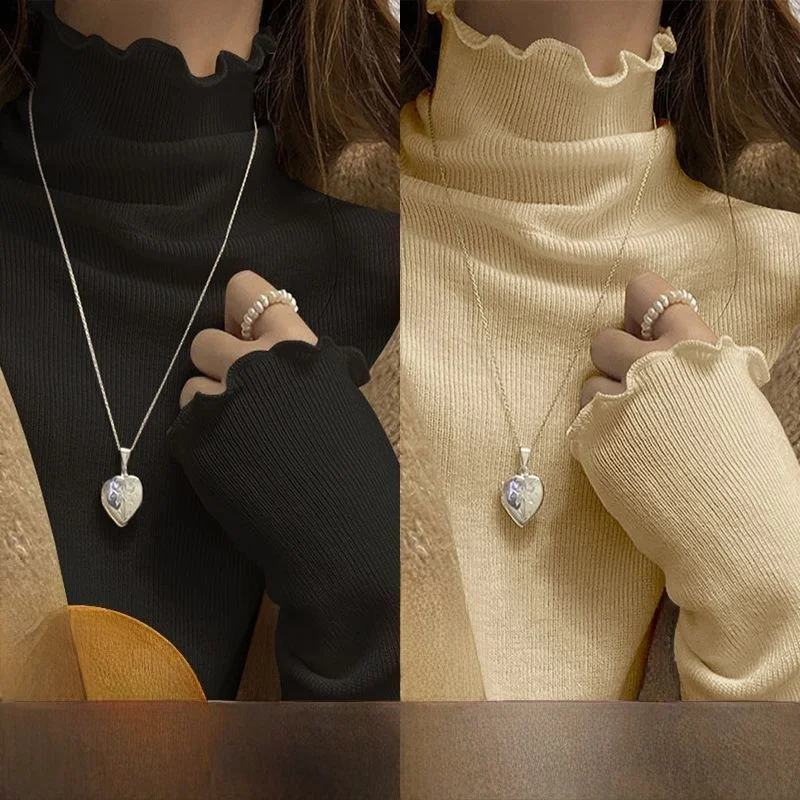 여성용 긴팔 하프 하이 칼라 티셔츠 따뜻한 이너웨어 학생용 골지 베이스 셔츠 우드 엣지 가을 겨울 패션