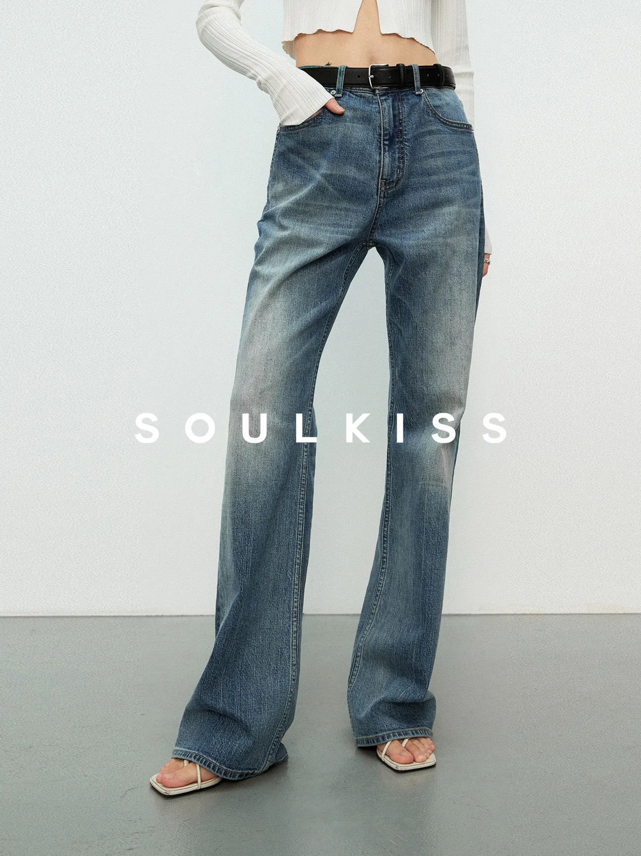 

Прямые джинсы Soulkiss со средней талией, скрывающие мясные джинсы, прямые джинсовые весенние хлопковые эластичные молнии, глубокий цвет