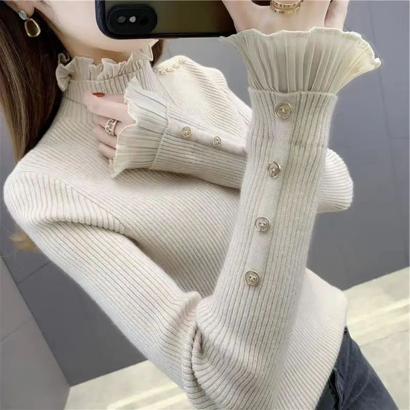 Women Clothing Korean Fashion Ruffle Patchwork Elegant Basic Knitwears Autumn Winter Half High Collar Slim Long Sleeve Pullovers