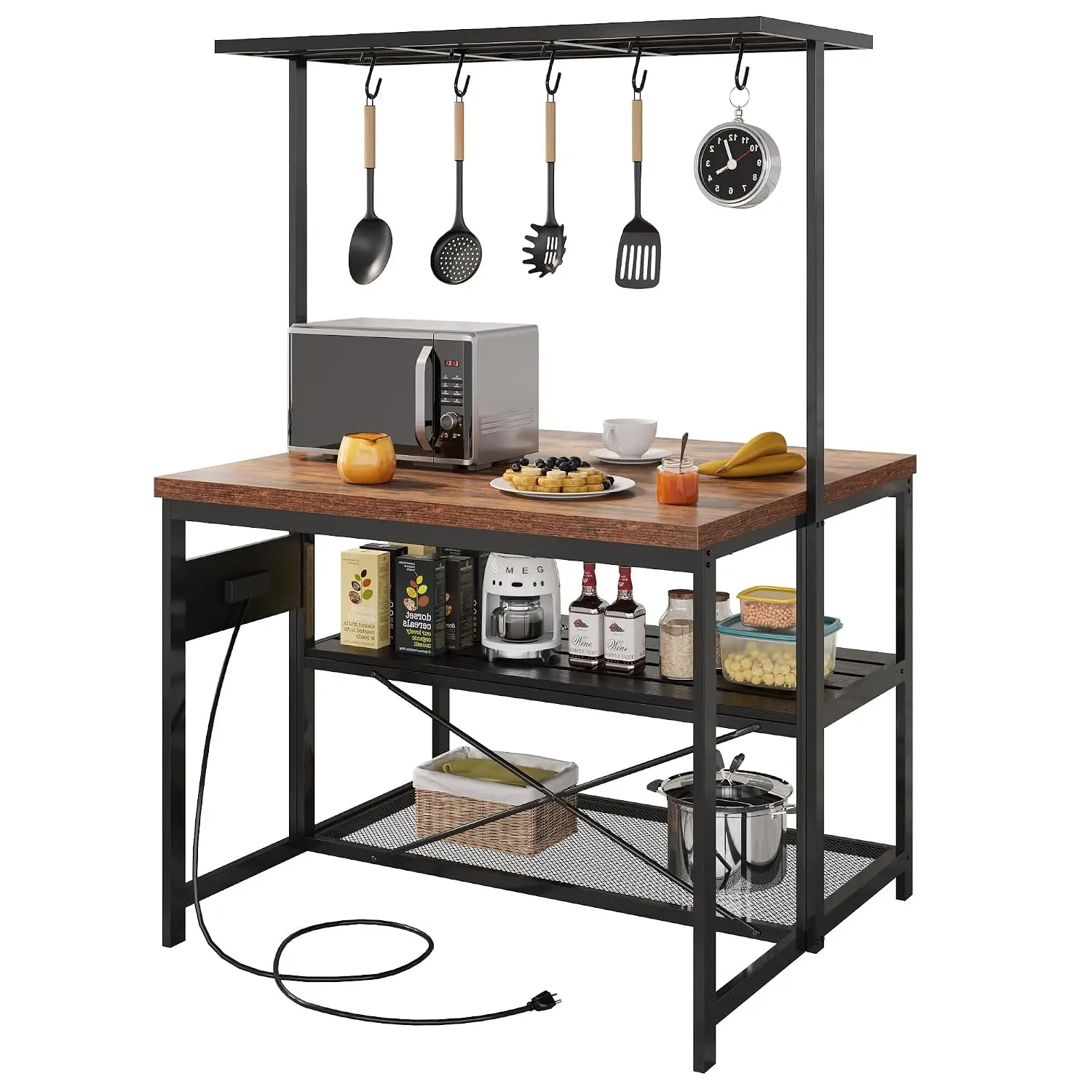 47 Inch Kitchen Island with Power Outlet Storage & Microwave Rack 2m Cord Mobile Cart for Dining Room, Customized