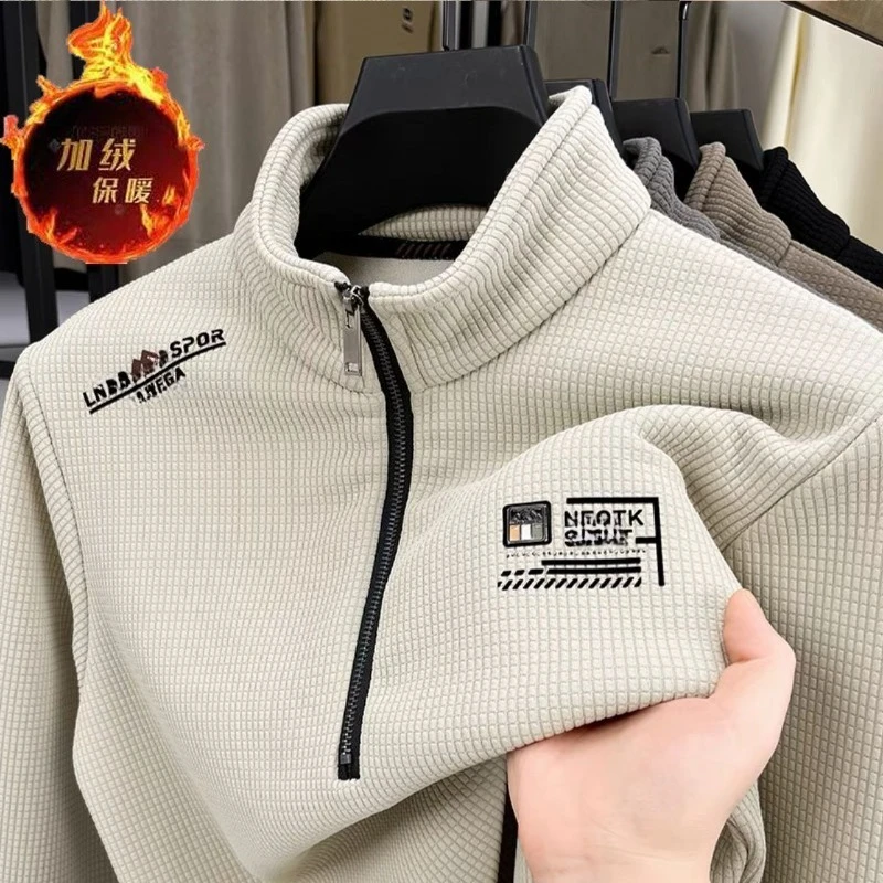 Men's Fleece Liner Sweatshirts Vintage Half Zipper Print Plaid Texture Thick Wool Warm Pullover Luxury Turtleneck Sweatshirts