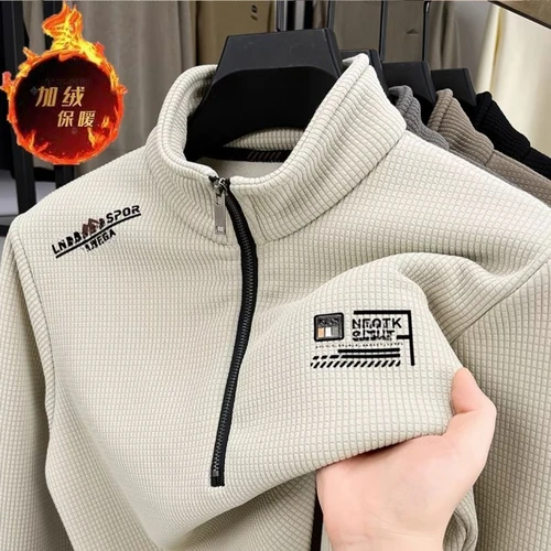 Imagen 2 del producto Sudaderas con forro polar para hombre, suéter Vintage con estampado de media cremallera y textura a cuadros, jersey cálido de lana gruesa, sudaderas de cuello alto de lujo