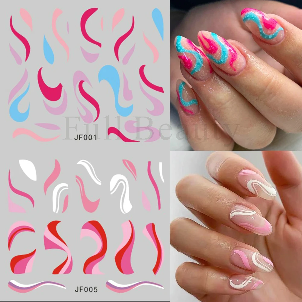 Wave Lines decalcomanie per unghie Set Swirl Nail Stickers Rainbow Water Transfer Sliders French Manicure Guide copertura completa Wraps NTJF1-12