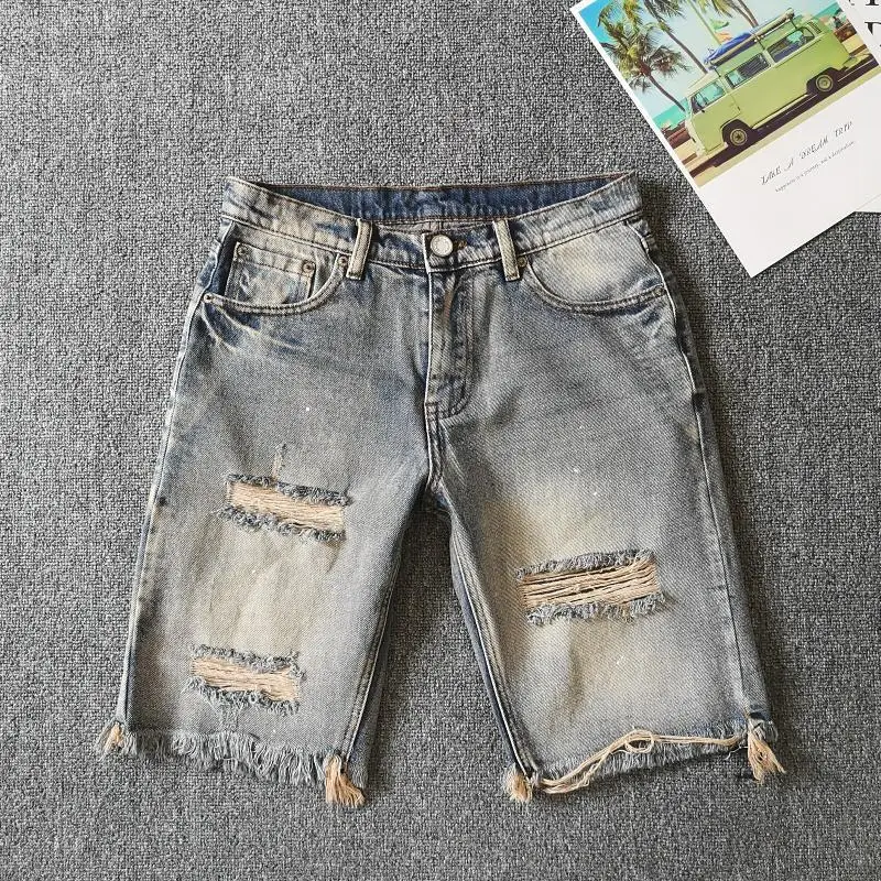 

New Men's Vintage Denim Shorts Casual Knee-Length Washed Distressed Hole Jeans Summer Cotton Streetwear Boyfriend Short Pants