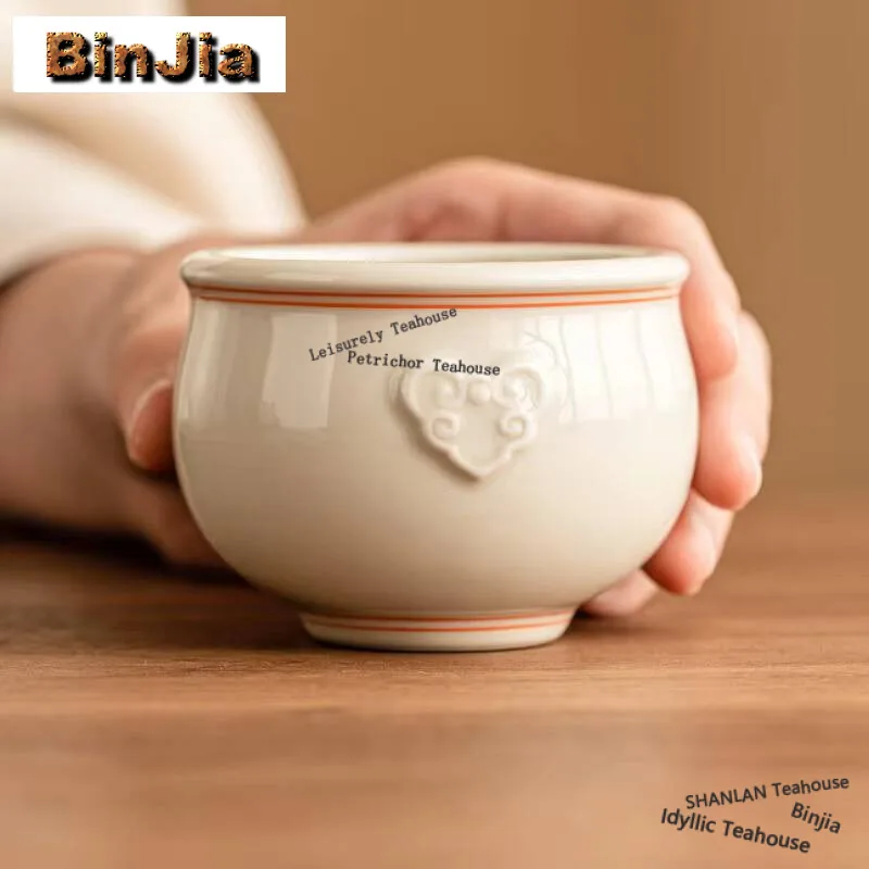 

120ml Hand Drawn Double Line Ceramic Teacup Ruyi Fengshui Jar Cup Master Single Cup Plant Ash Personal Coffee Mug Teaset Gifts