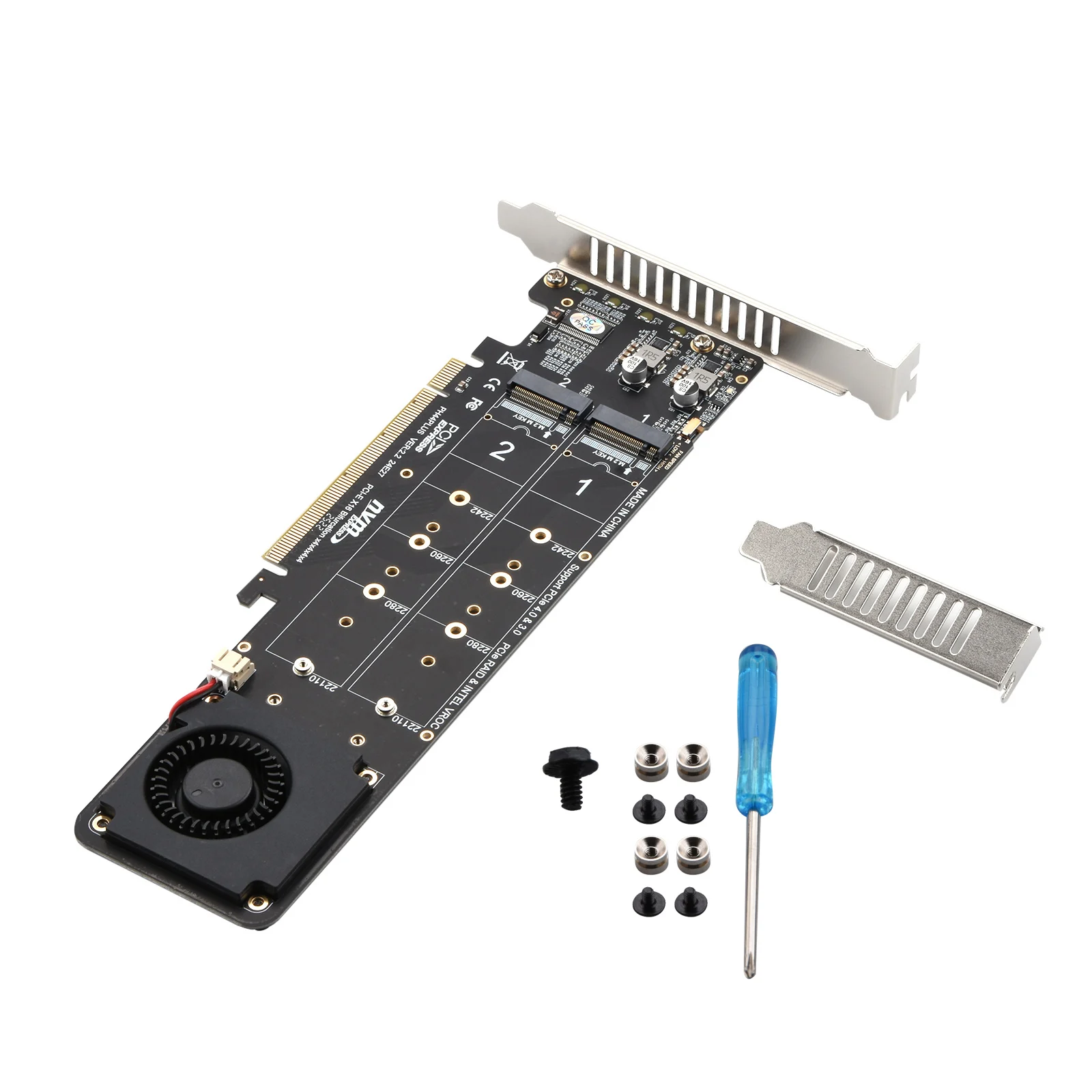 PH44 Plus M.2 NVMe SSD to PCIe 4.0 X16 Adapter 4 Port RAID 0 Card Expansion Split Card with Turbo Cooling Fan