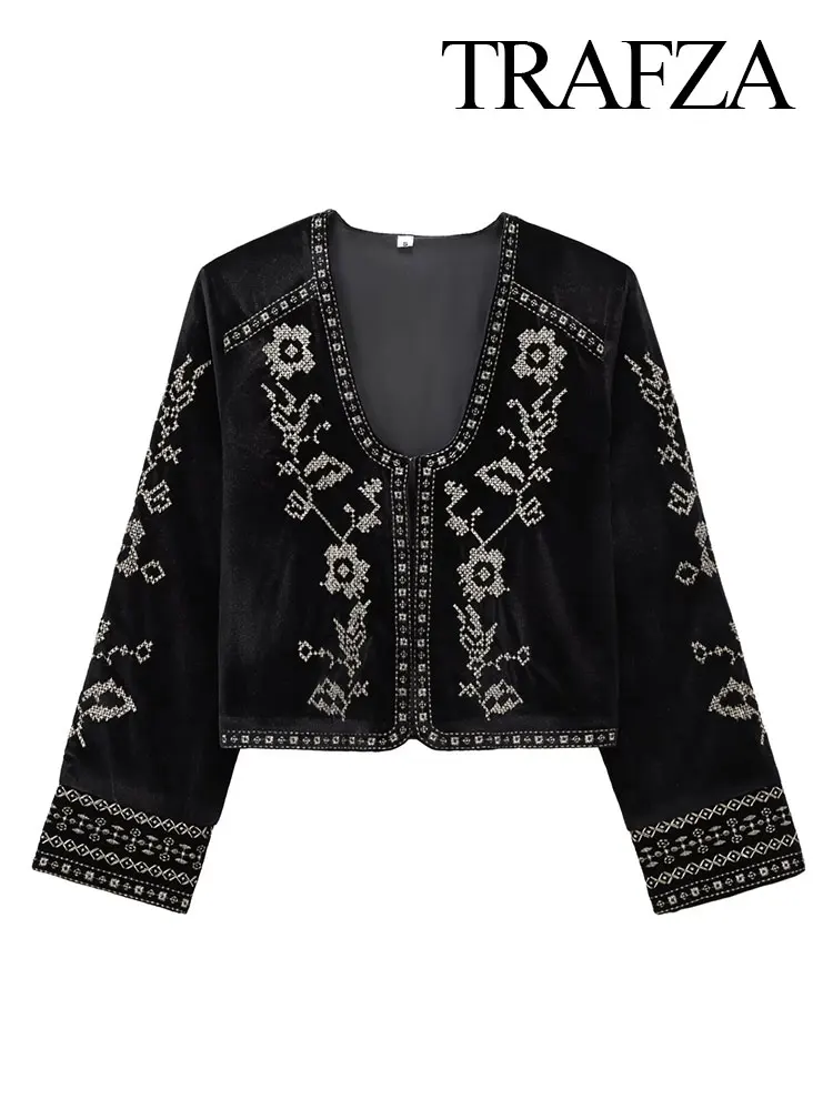 TRAFZA 2025 Trendy Velvet Coats Women's Fashion Long Sleeves Embroidered Hidden Vintage Button Round Neck Elegant Jackets