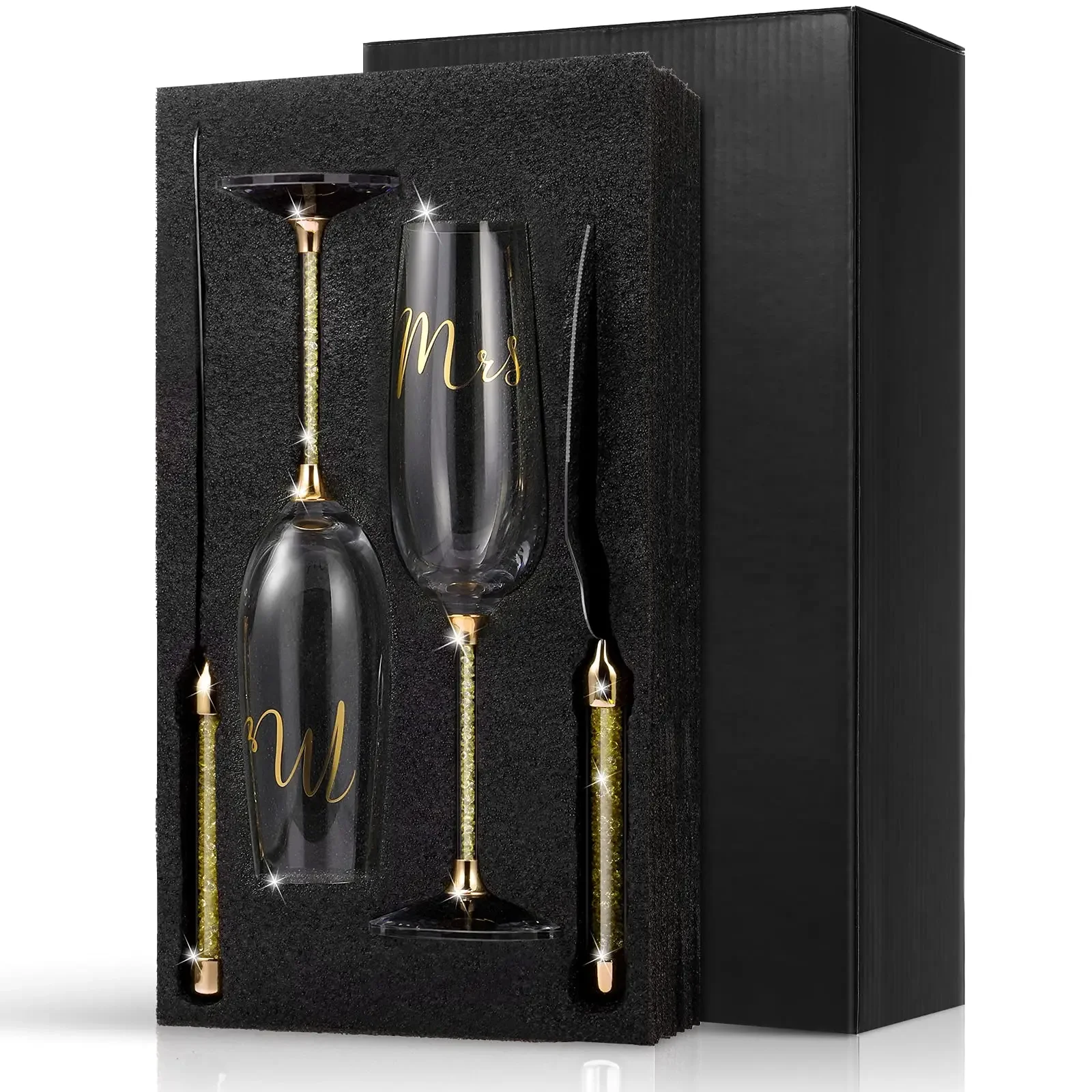 4Pcs Wedding Cake Knife and Champagne Flutes Server Set Mr and Mrs Toasting Flutes Cake Cutting Set Wedding Engagement Gift