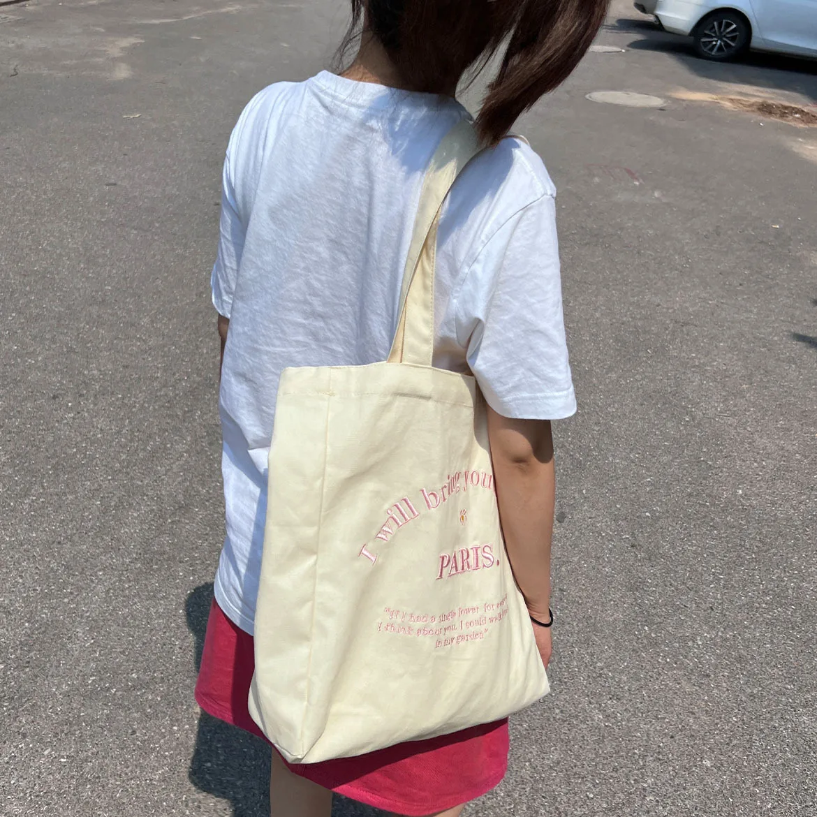 1 Piece Sweet Pink White Color Tote Bags for Girl Korean Fashion Canvas Embroidery Shoulder Bag High Capacity Women Handbag