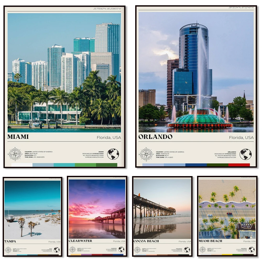 Cocoa Beach, Sanibel, Clearwater, Jacksonville, Destin, Miami, Pensacola, Orlando, St. Augustine, Florida USA Travel Poster