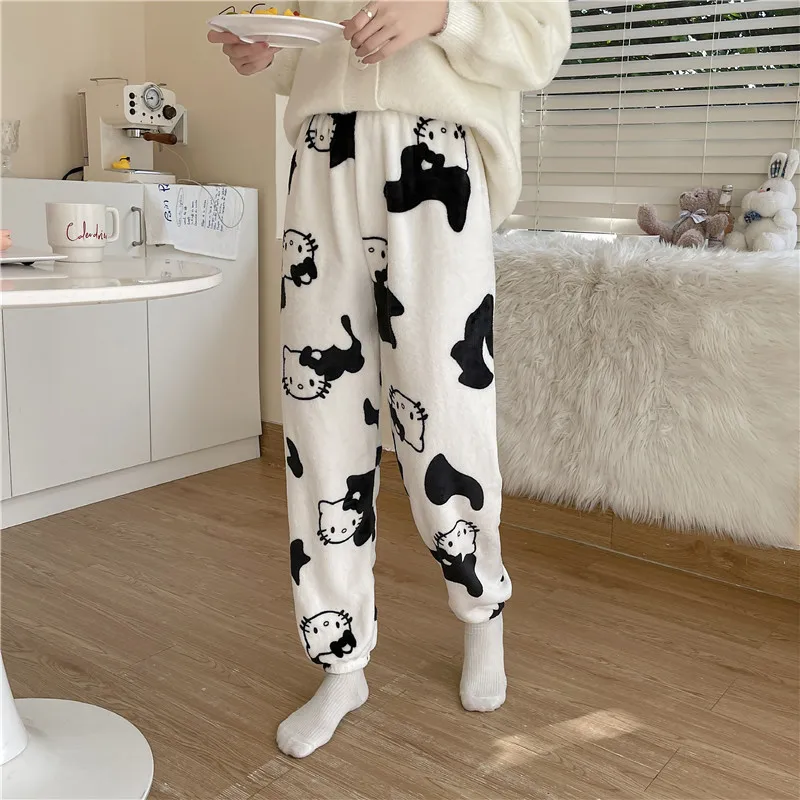 Kawaii Sanrio HelloKitty Coral Fleece Sleeping Pants Anime Cartoon Women's Winter Thickened New Home Casual Flannel Women Gifts