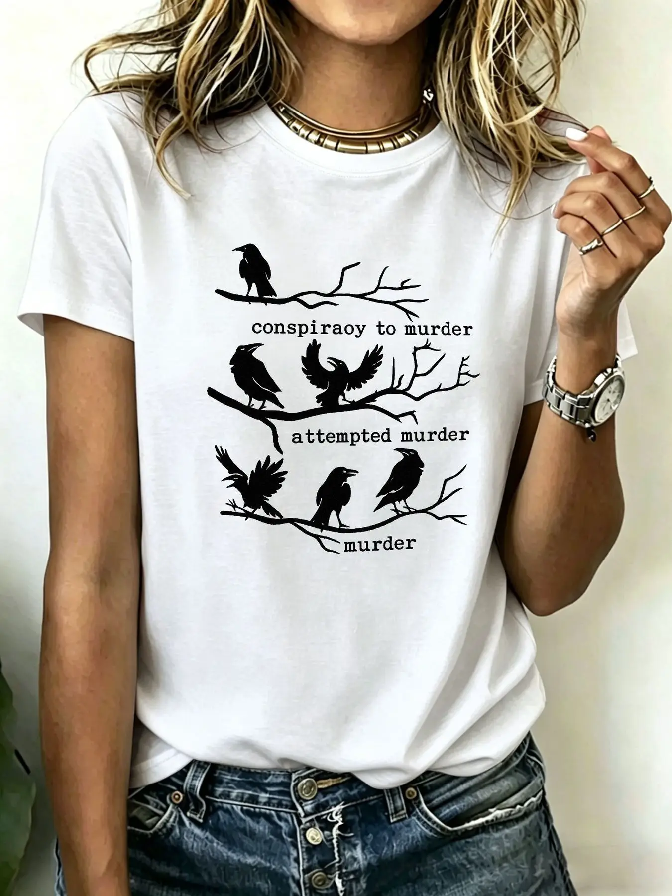 Plus-size Women's T-shirts, Funny Conspiracy to Murder Raven Graphic Tees, Vintage Crows Print Casual Tops, Summer Short Slee