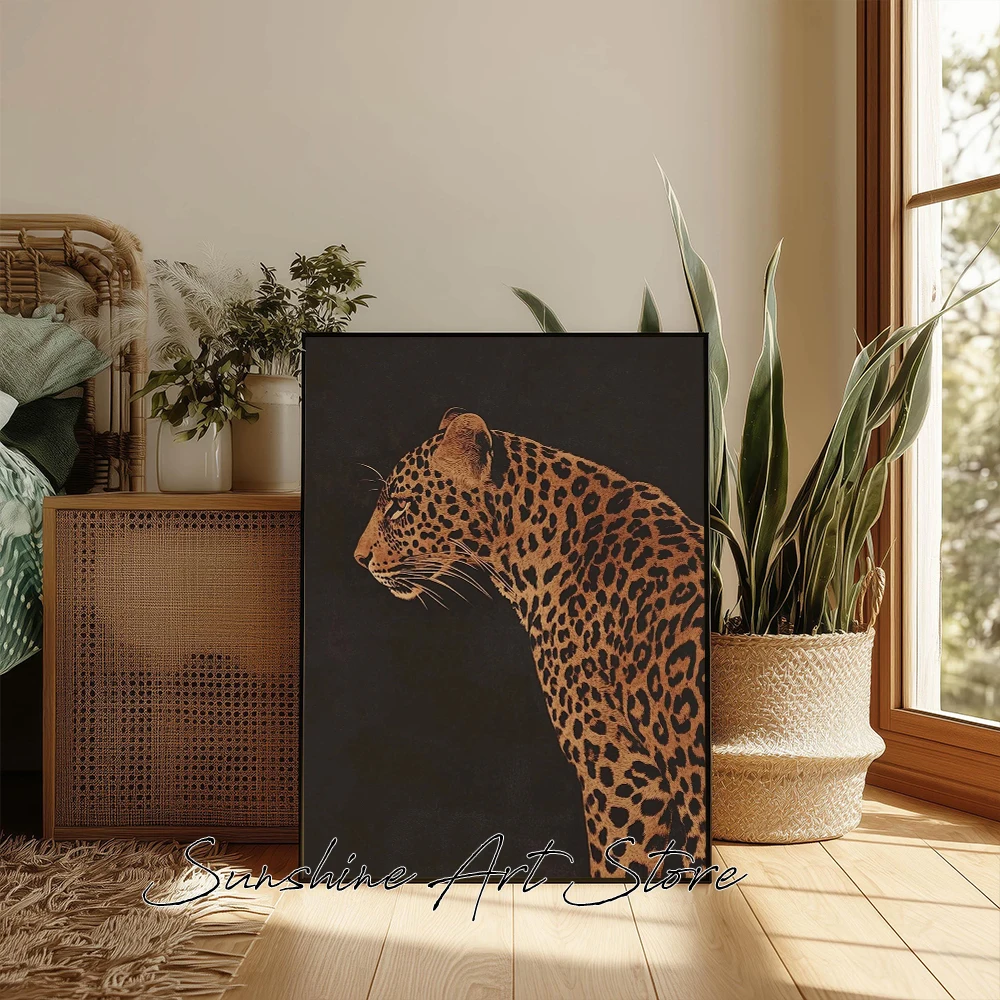 Leopard Profile Wall Art Bold Jungle Cat Poster Lack Background Wild Animal Decor Safari Wildlife Leopard Canvas Painting Decor