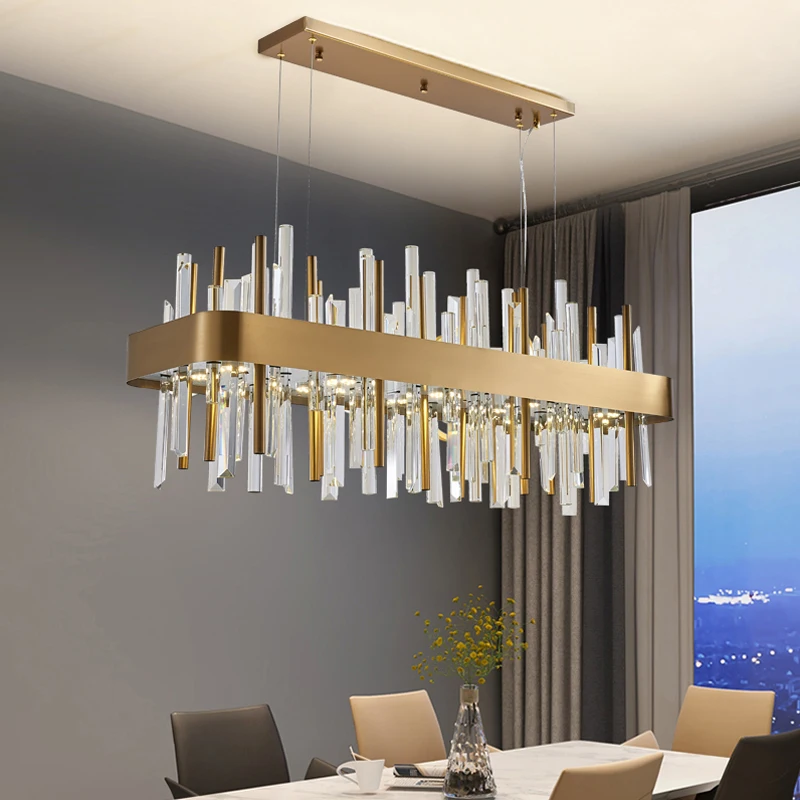 

Rectangle Modern Crystal Chandelier For Dining Room Gold Home Decor Hanging Light Fixture Luxury Kitchen Island Led Cristal Lamp