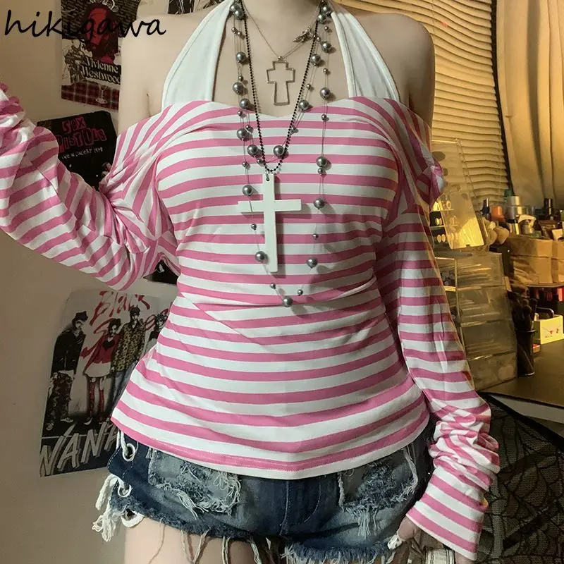 Shirts for Women Y2k T Shirts Chic Striped Long Sleeve Tunic Tees Slash Neck Off Shoulder Tshirts Sexy Vest Suit Two Piece Set