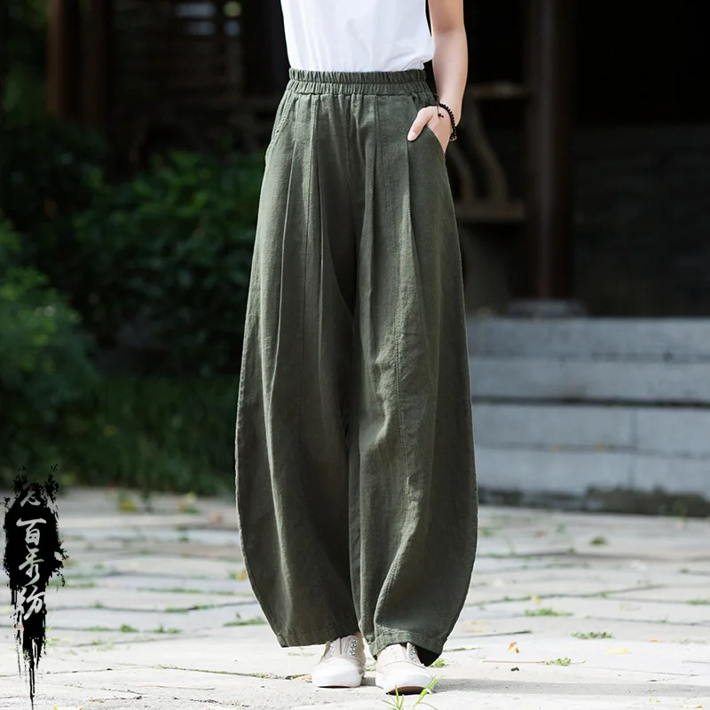 Women Vintage Solid Color Long Pants Linen Elastic  2026 Spring New Trouser Pockets Loose Women