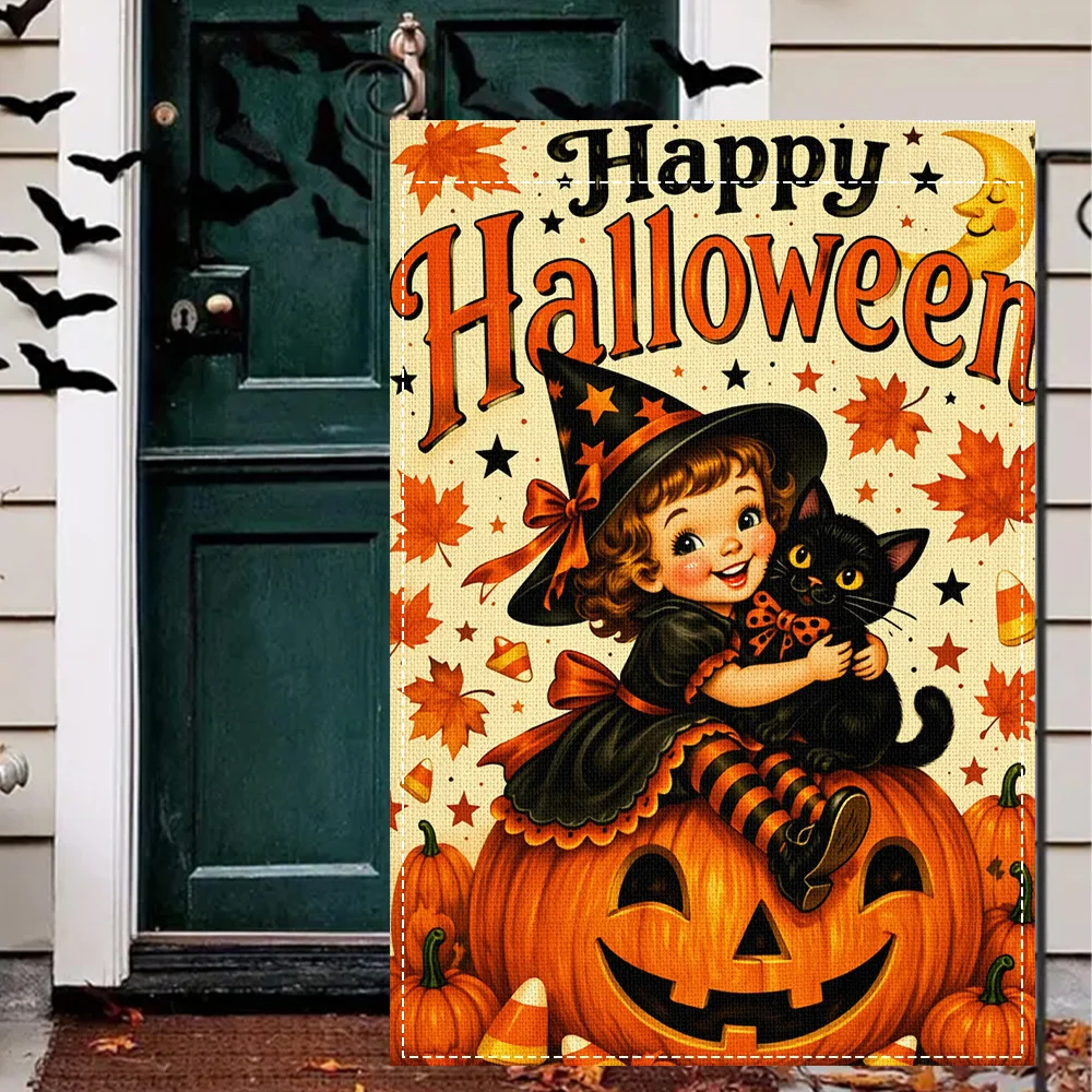 1pc Retro Halloween Little Witch and Black Cat Garden Flag, double-sided print, perfect for patio and outdoor holiday decoration