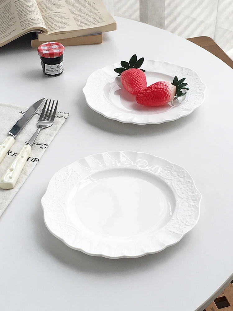 

Retro Annie Garden Ins Sle Relief White Lace Flat Plate Cerc Breakfast Cake Plate Pure Color Japanese Sle Diware