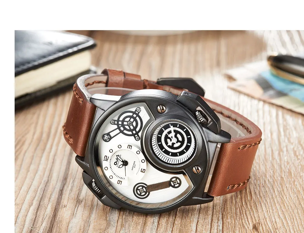 Men Dual Time Zone Sports Watches Oulm Men Watch Fashion Outdoor Sport Clock Leather Quartz Male Watch Relogio Masculino