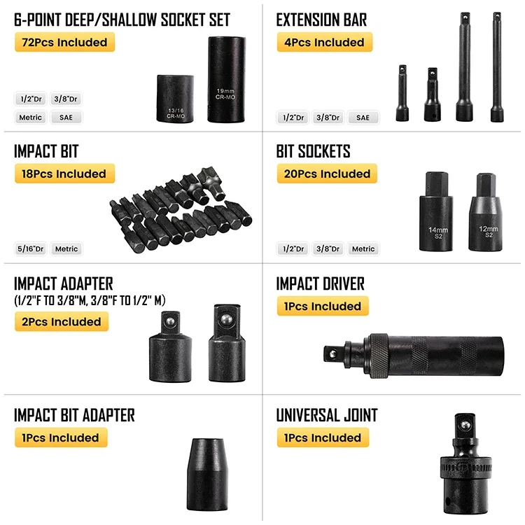 Genuine 119 Piece Impact Socket Set Includes Impact Bit, Bit Sockets, Extension Bars, Universal Joint, Adapter and More