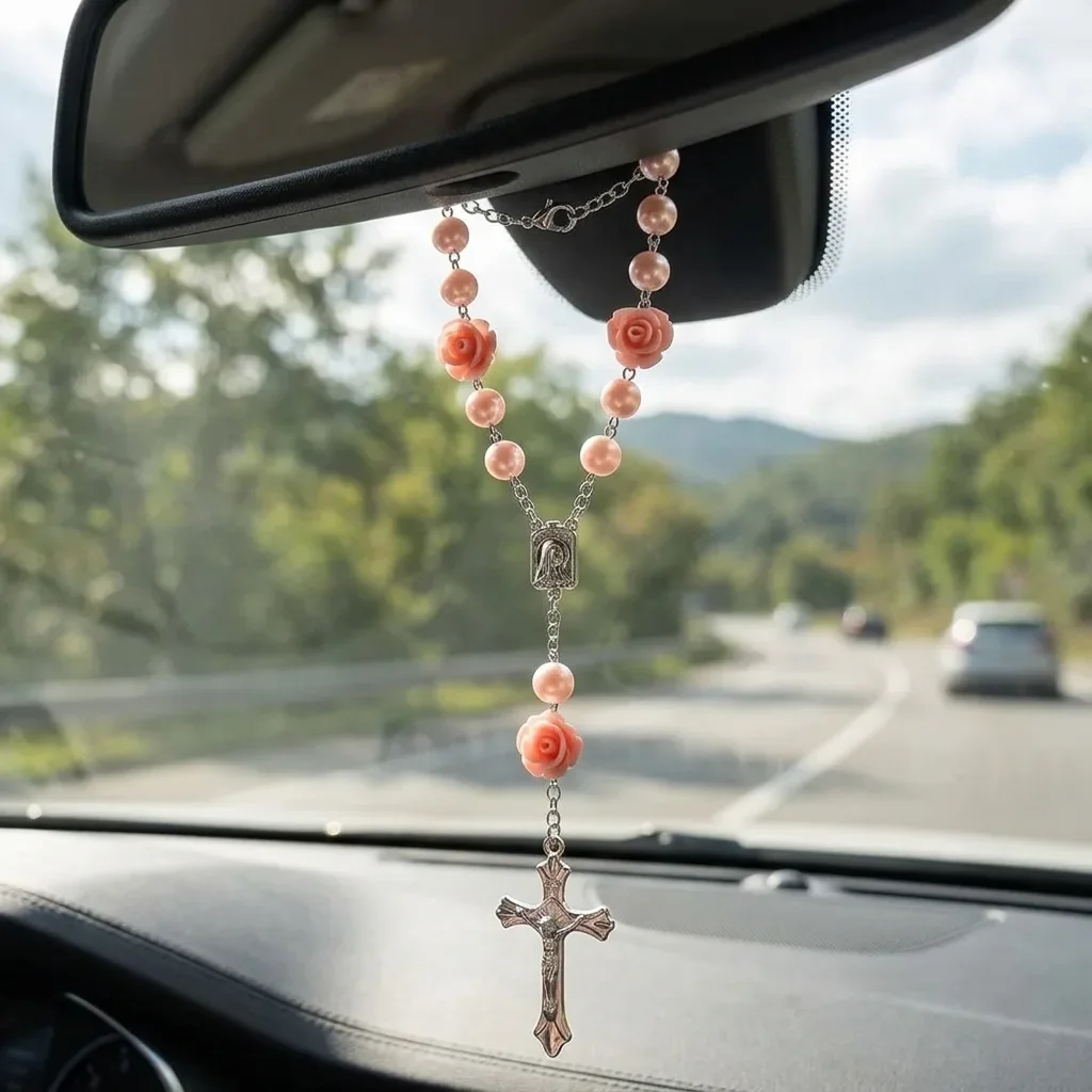 

Religious Rose Beads Car Rosary Rearview Mirror Hanging Pendant Silver Cross Car Interior Decor Faith Prayer Car Ornament Gift