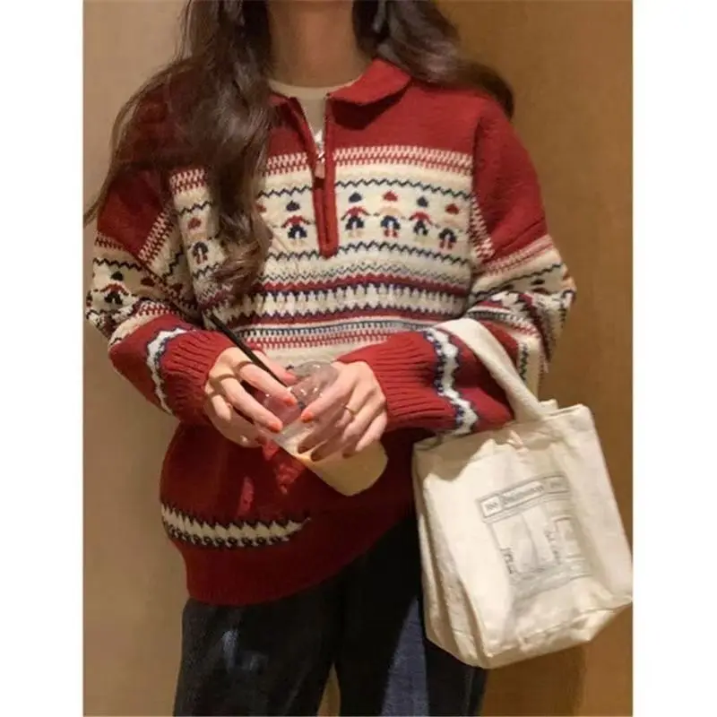 

Autumn Winter New Casual Zipper Turn-down Collar Long Sleeve Sweater Femme Vintage Printing Knitting Pullovers Women Clothing