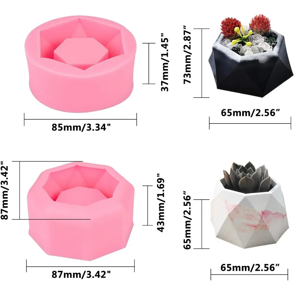 2pcs Flower Pot Silicone Mold Hexagon Succulent Plant Vase Gypsum Cement Molds Concrete Clay Mold Ashtray Candle Holder Silicone